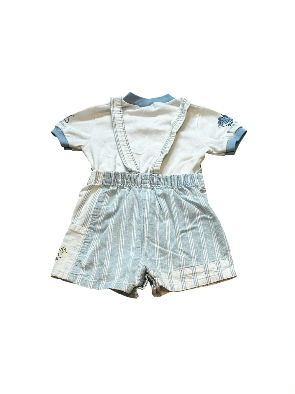 Vintage 70s OshKosh B’Gosh Overalls Shorts Set Blue Striped Matching T-Shirt